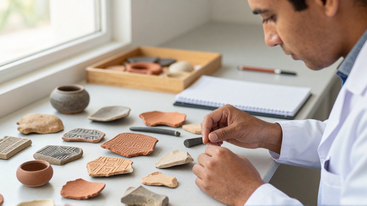 Un investigador examina fragmentos de cerámica y herramientas de piedra sobre una superficie de estudio.