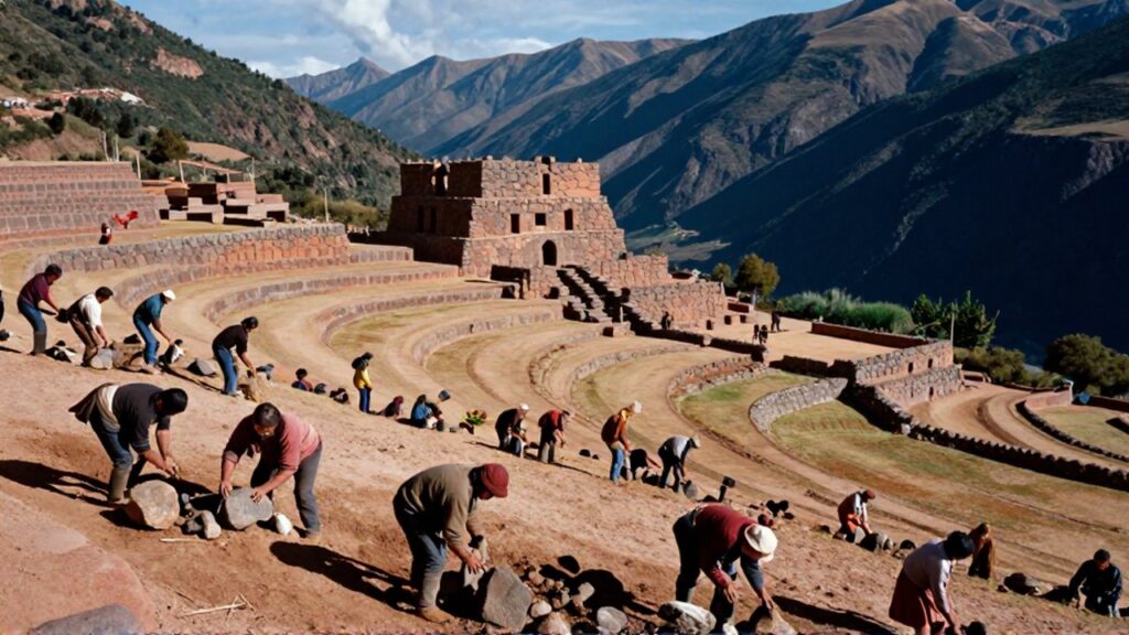 Personas con rasgos latinoamericanos trabajan la tierra y construyen una estructura de piedra en terrazas andinas.
