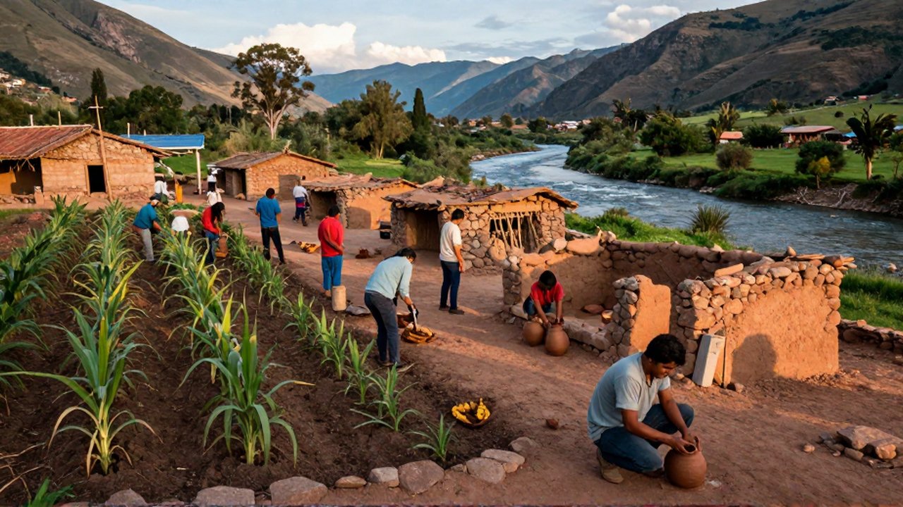 Personas trabajan cultivando maíz y construyendo viviendas de piedra y barro en un valle andino junto a un río.