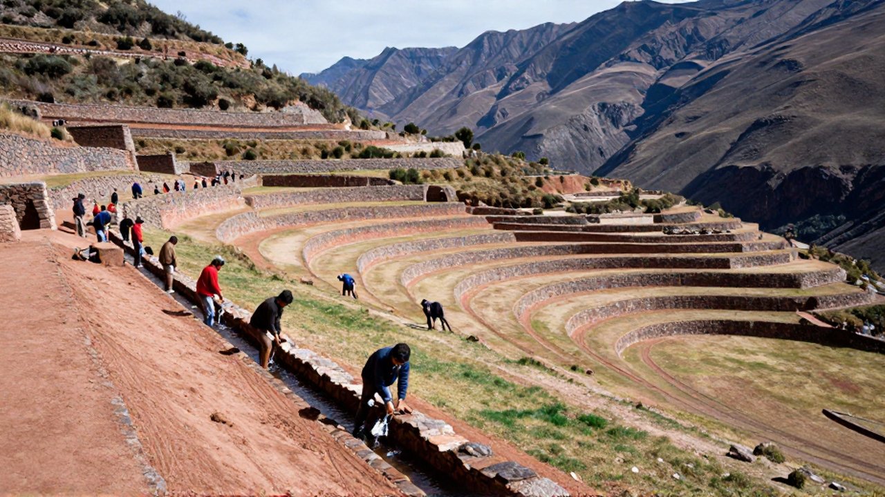 Personas andinas trabajan en terrazas agrícolas de piedra y canales de riego en una montaña.