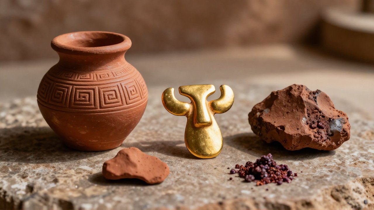 Vasija de cerámica con patrones geométricos y un ornamento dorado junto a arcilla, mineral y pigmentos sobre piedra.