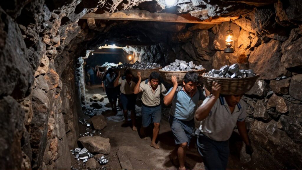 Hombres indígenas cargan cestas pesadas en un estrecho túnel de piedra de una mina colonial.