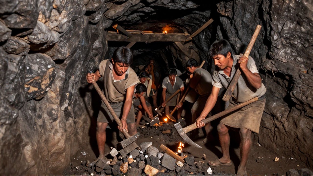 Hombres indígenas usan picos y palancas para extraer minerales en un túnel de piedra oscuro.
