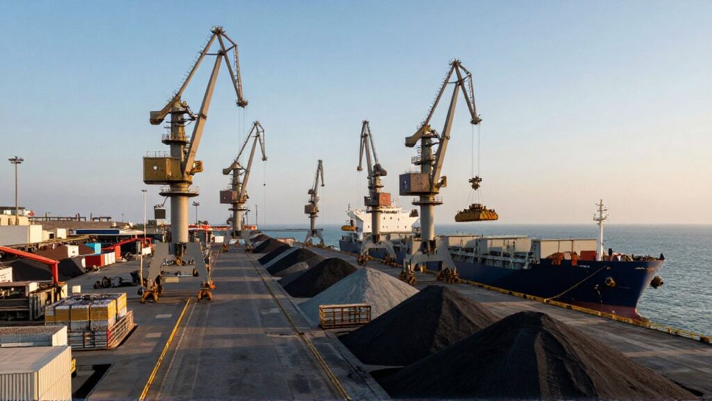 Grúas industriales cargan minerales en un gran buque de carga en un puerto bajo la luz del atardecer.