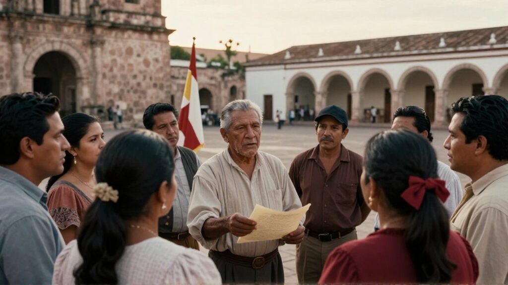 Grupo de hombres y mujeres conversan en una plaza colonial mientras un hombre sostiene un pergamino.
