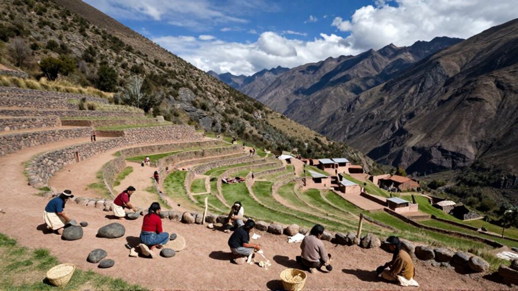 Asentamiento andino con personas construyendo una vivienda de piedra y barro junto a terrazas agrícolas.