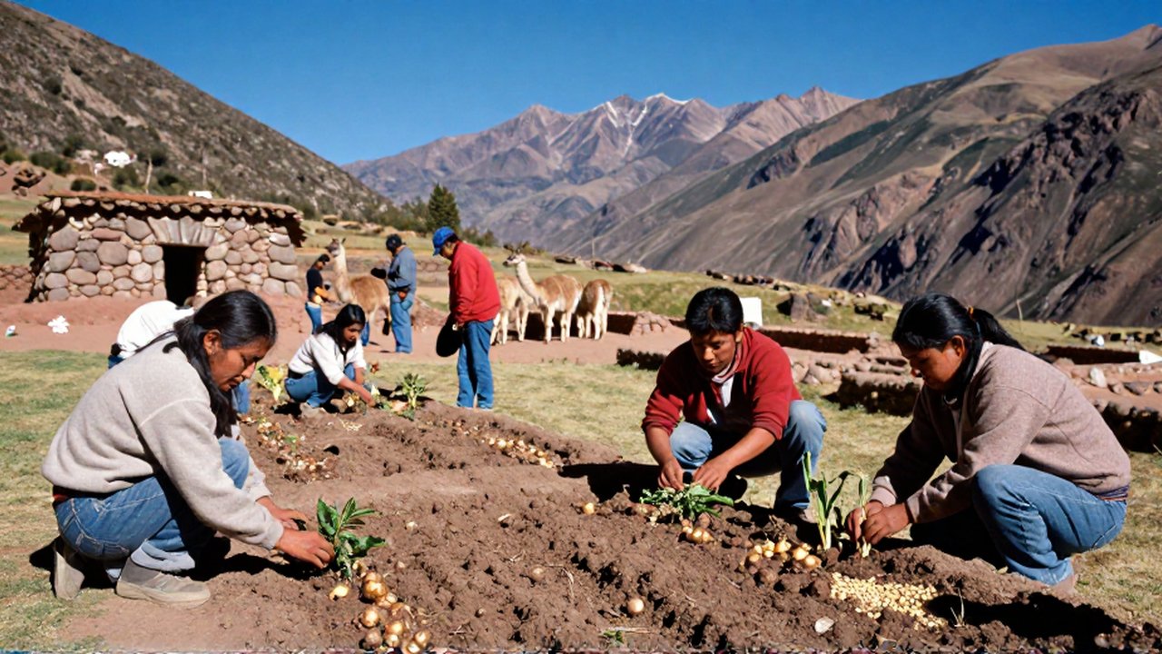 Personas andinas cultivan tubérculos y granos en un valle montañoso junto a camélidos cerca de estructuras de piedra.