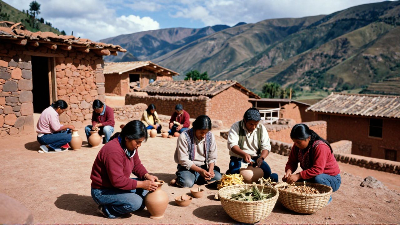 Personas en un asentamiento andino construyen viviendas de piedra, moldean cerámica y organizan cestos en un valle con terrazas.