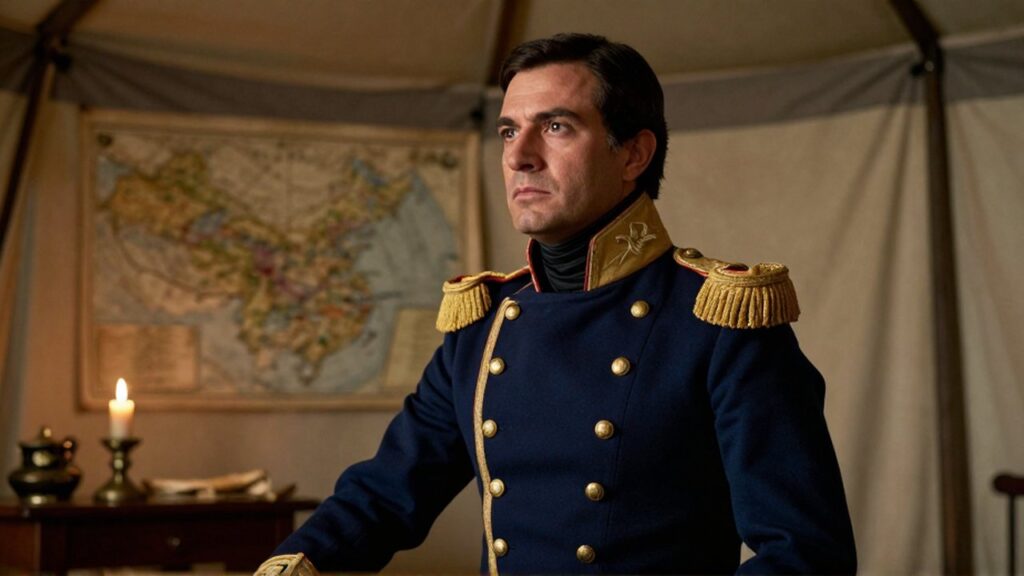 Hombre con uniforme militar azul oscuro y bordados dorados mira al horizonte en una tienda colonial.