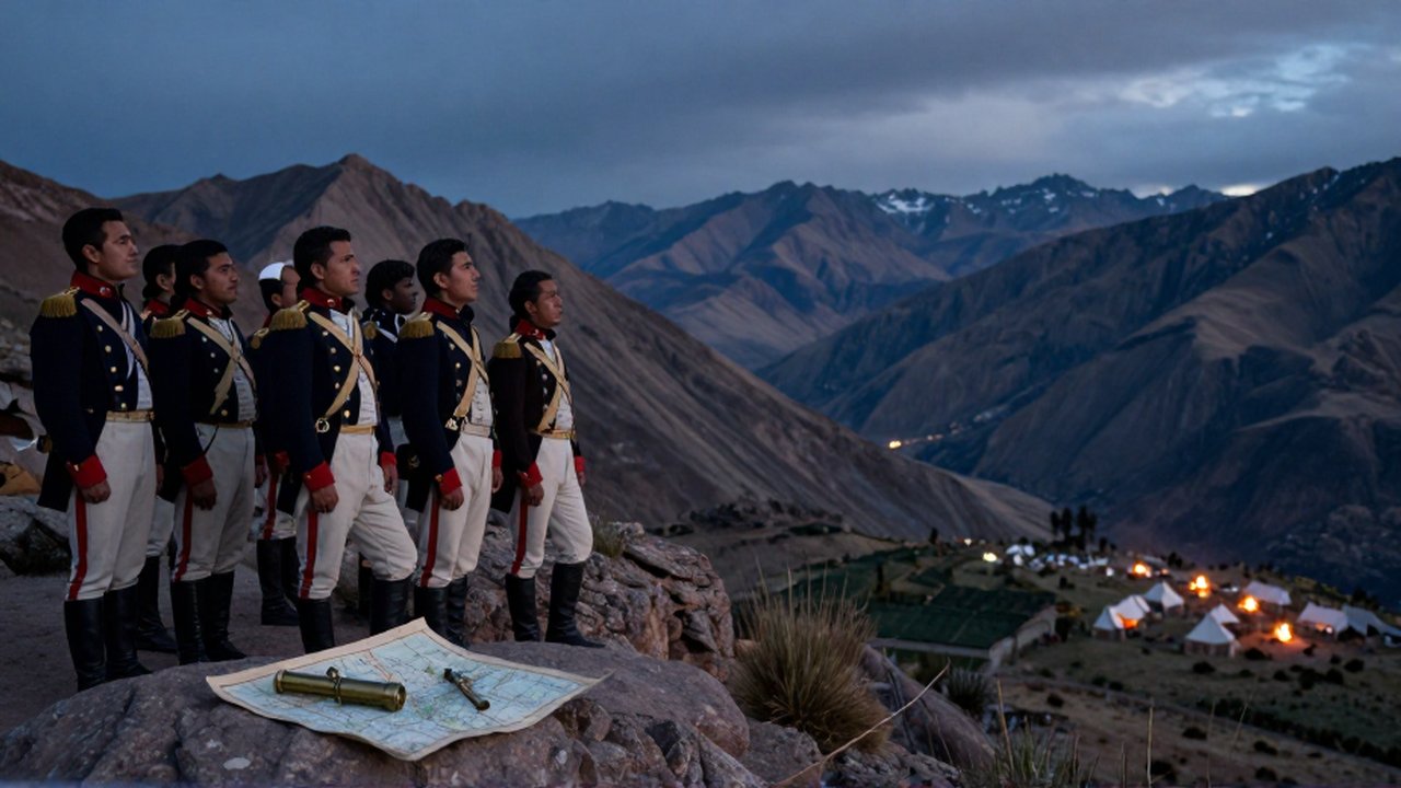 Soldados y oficiales con uniformes del siglo XIX observan un campamento en un valle andino al atardecer.