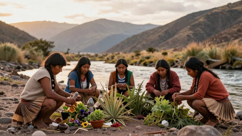 Grupo de humanos recolectando plantas y preparando herramientas de piedra junto a un río en los Andes.