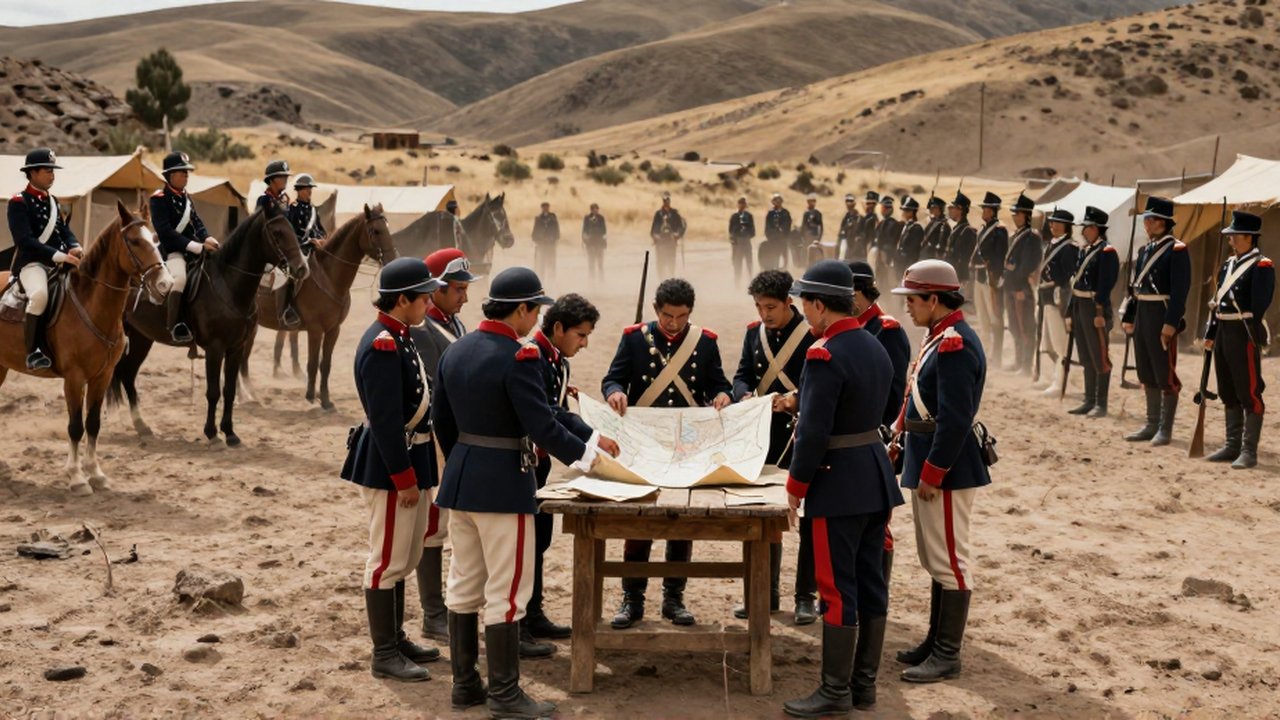 Soldados del siglo XIX en uniformes militares observan un mapa sobre una mesa en un campamento andino.