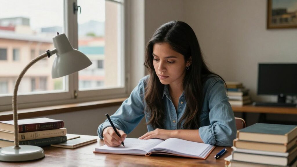 Mujer joven sentada ante un escritorio de madera rodeada de libros y libretas en una habitación iluminada.