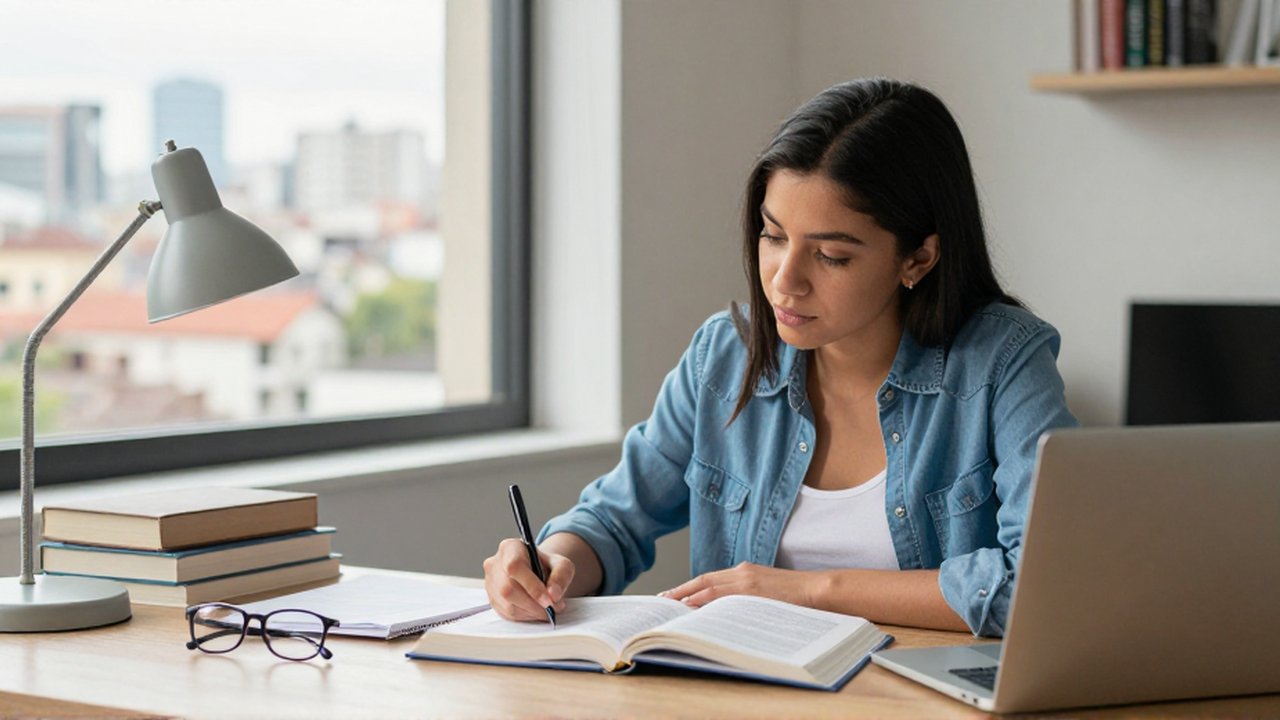 Una joven latina estudia concentrada con un libro y un cuaderno en un escritorio de madera.