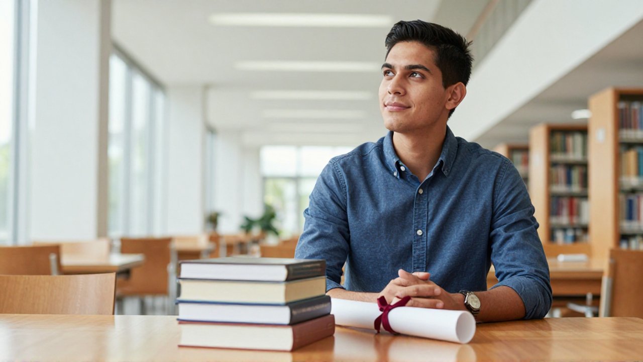 Un hombre joven mira con atención libros académicos y un diploma sobre una mesa de madera.