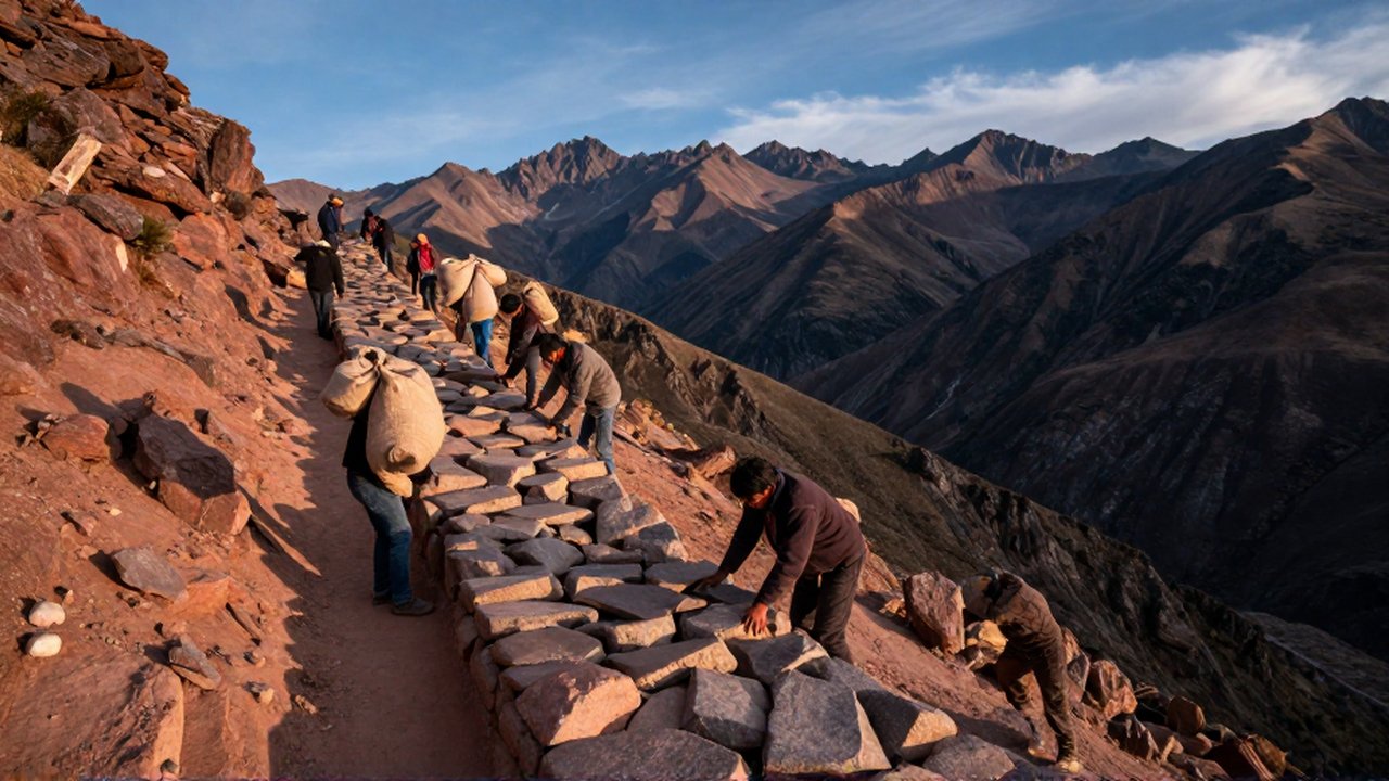 Personas andinas construyen un camino de piedra en una cresta montañosa bajo un cielo despejado.