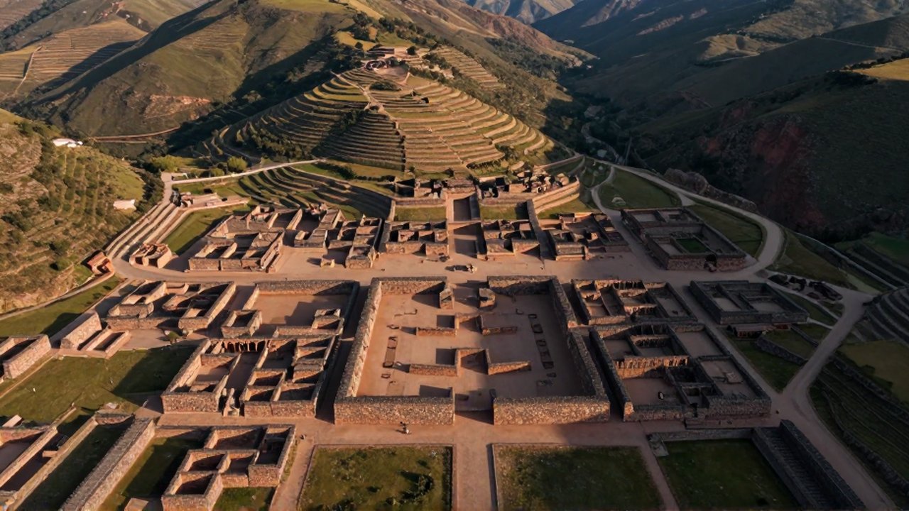 Vista aérea de un centro administrativo Wari con arquitectura de piedra y calles ortogonales en un valle andino.