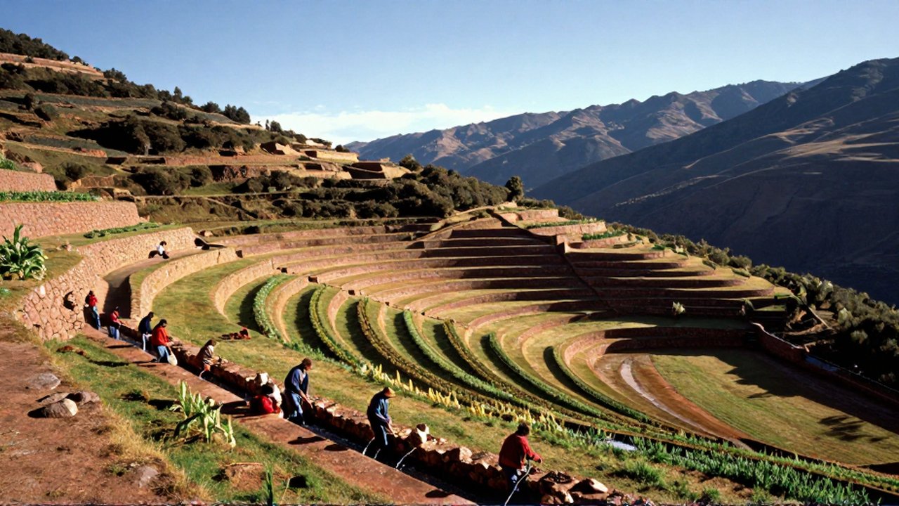 Personas indígenas trabajan en canales de riego entre terrazas agrícolas de piedra en una montaña andina.