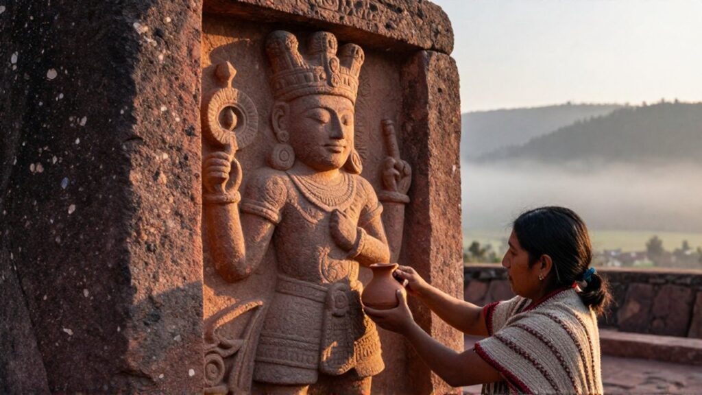 Una persona con vestimenta textil coloca una pequeña vasija de cerámica junto a un relieve de piedra en una montaña.
