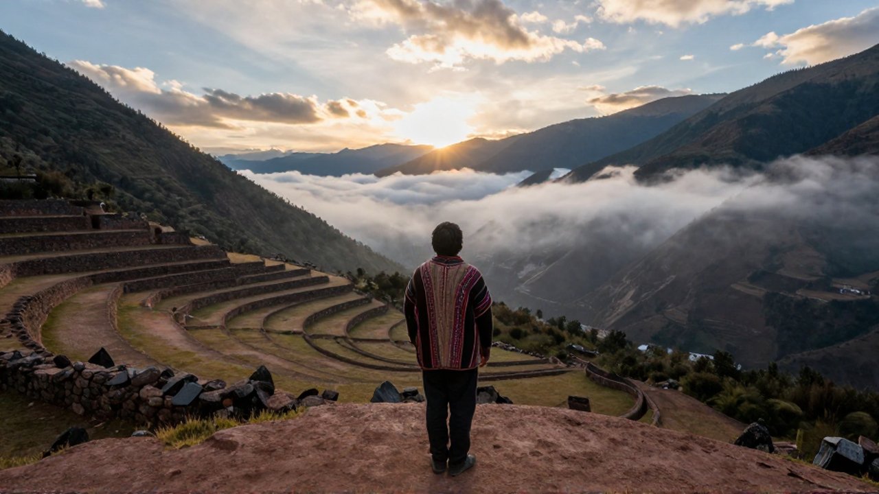 Persona con textiles andinos observa un valle brumoso desde una terraza de montaña al amanecer.