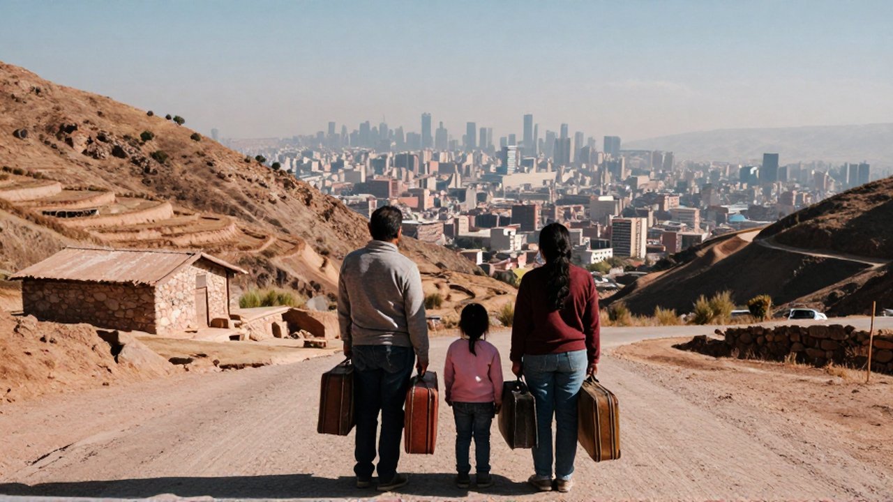 Una familia con maletas recorre un camino que separa una colina árida de una ciudad lejana.