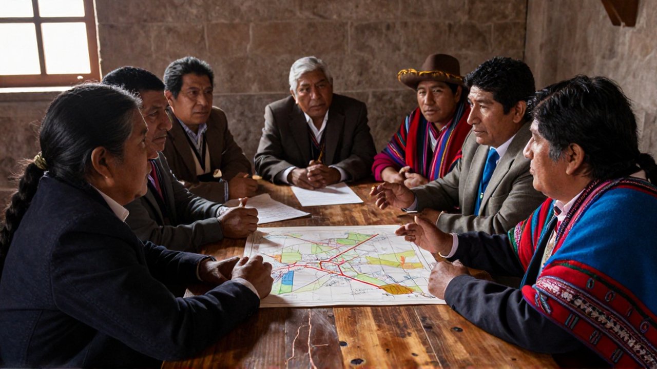 Hombres con vestiduras coloniales y textiles andinos discuten alrededor de un mapa y documentos.