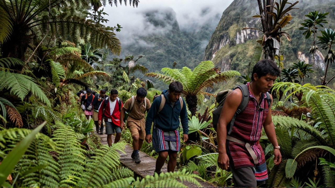 Guerreros incas con textiles tradicionales avanzan cautelosamente por un estrecho sendero de piedra en un bosque nuboso.