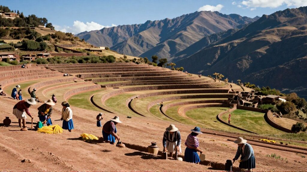 Personas andinas cultivan terrazas de cultivo y canales de riego en un paisaje montañoso.