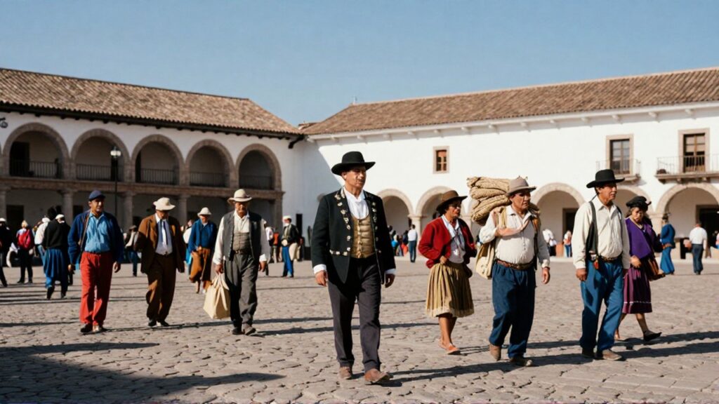 Personas de diversas clases sociales caminan por una plaza de calles empedradas con arquitectura colonial.