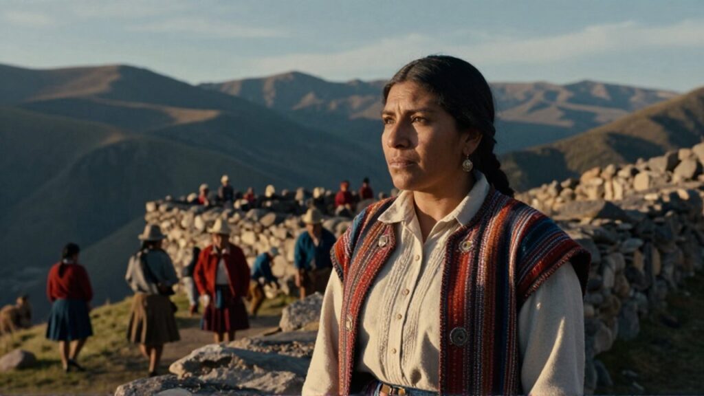 Mujer con textiles andinos coloniales mira hacia el horizonte entre montañas y un grupo de personas.