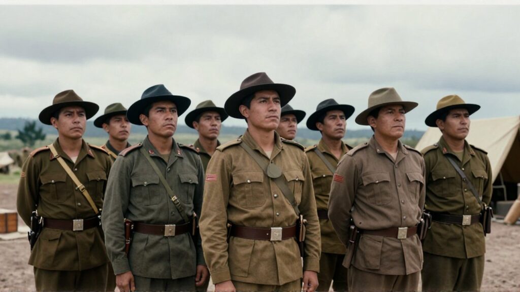 Soldados peruanos de principios del siglo XX con uniformes de época frente a un paisaje abierto.