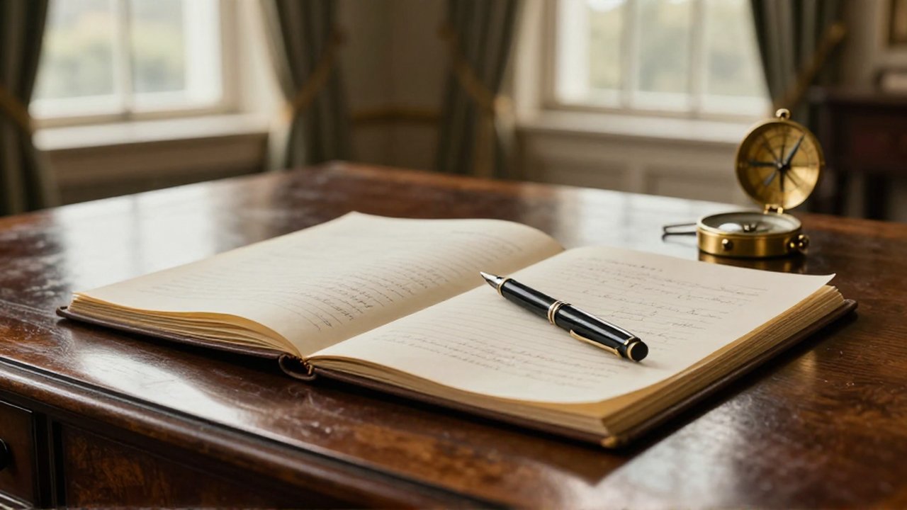 Escritorio de madera con un libro de notas abierto, una pluma sobre pergamino y un compás de latón.