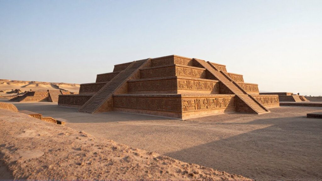 Pirámide de adobe con patrones geométricos que se eleva sobre un desierto costero en Perú.