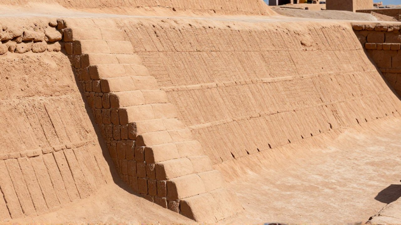 Primer plano de una estructura de adobe con muros inclinados y textura de ladrillos de arcilla.