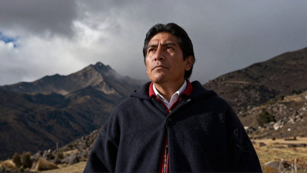 Hombre con textiles andinos y manto colonial posa con expresión seria ante las montañas peruanas.
