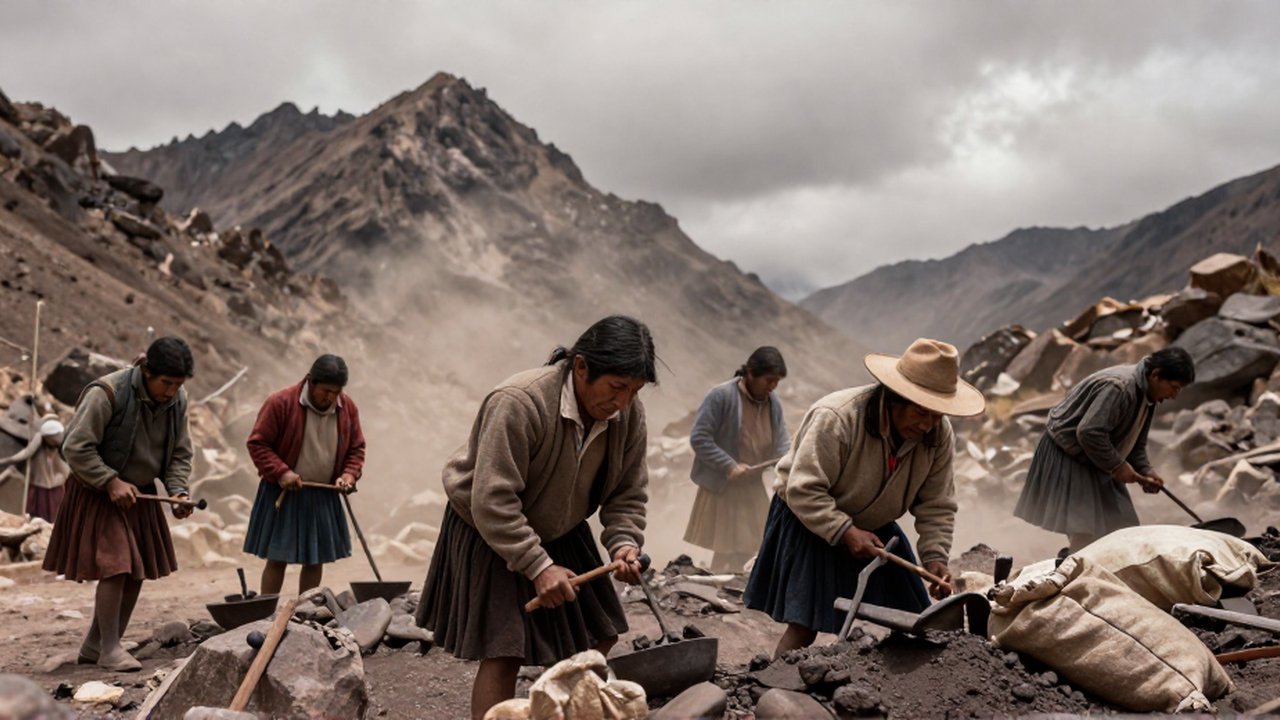 Hombres y mujeres indígenas con ropas andinas del siglo XVIII trabajan con herramientas en un paisaje montañoso rocoso.